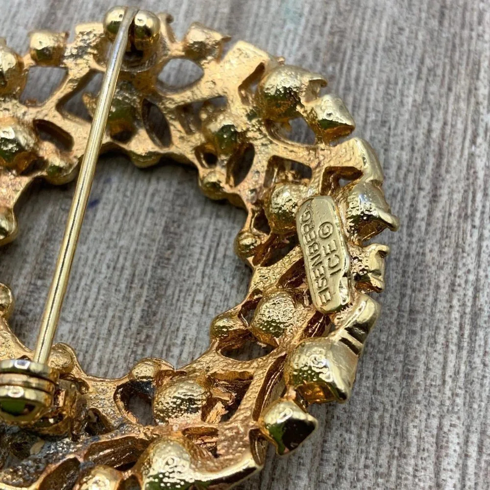 Eisnberg Ice Vintage Red Green Christmas Wreath Gold Tone Brooch